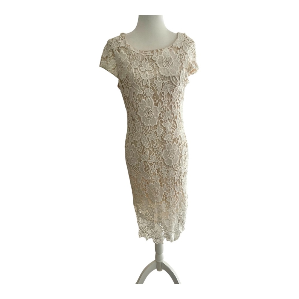 Luxology Ivory Floral Lace Midi Dress Size 4 Sheath Cap Sleeve Elegant
